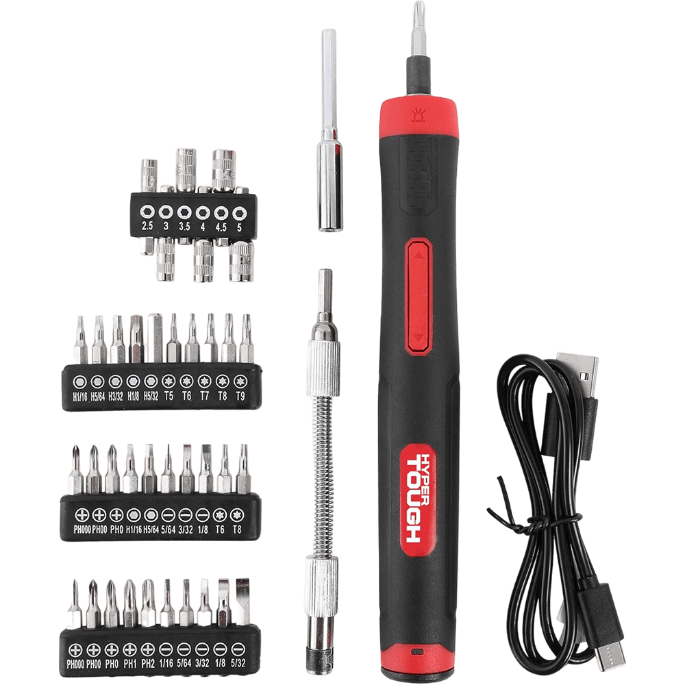 Hyper Tough 45-Piece 4V RECHARGEABLE PRECISION SCREWDRIVER SET | BUILT-IN LED WORK LIGHT | USB-TYPE C CHARGING CORD | Bits | Nut Drivers | Flexible Extension Bar