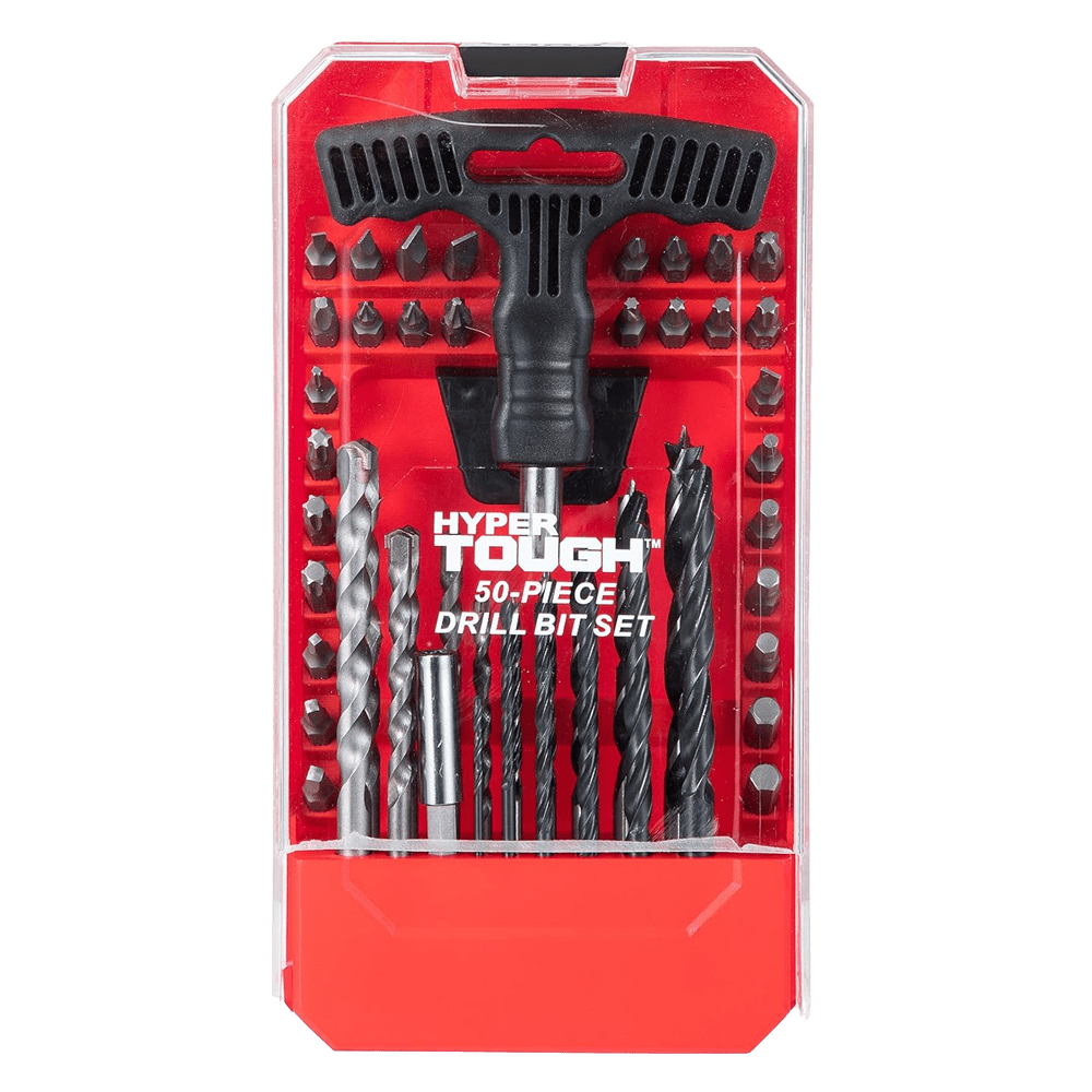 Hyper Tough 50 Piece Drill and Driver Bit Set with Bubble Level in Red Carrying Case